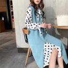 Set: Long-sleeve Polka Dot Midi Dress + Sleeveless Knit Dress