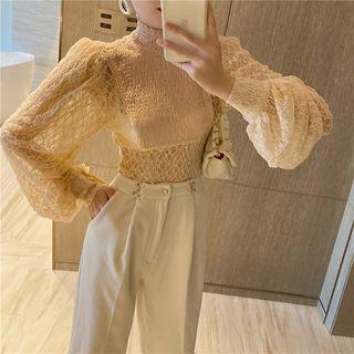 Turtleneck Lace Long-sleeve Top / High Waist Straight-cut Pants