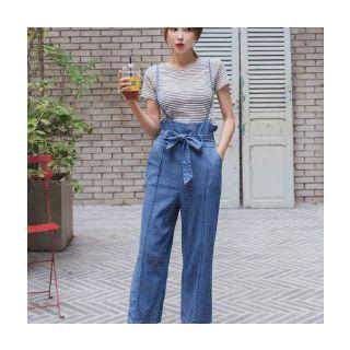 Set: Round-neck Striped Top + Tie-waist Seam-detail Suspender Pants