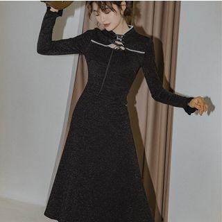 Long-sleeve Glitter Lace-up Midi A-line Dress