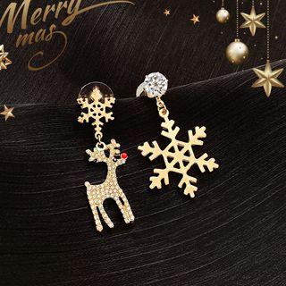 Non-matching Rhinestone Deer & Snowflake Dangle Earring 1 Pair - Gold - One Size