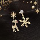 Non-matching Rhinestone Deer & Snowflake Dangle Earring 1 Pair - Gold - One Size
