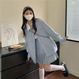 Single-breasted Plaid Jacket / Pleated Mini A-line Skirt