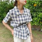 Short-sleeve Plaid Tie-waist Shirt As Shown In Figure - One Size