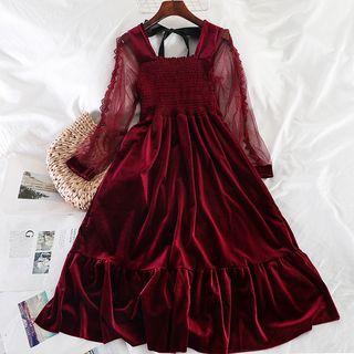 Velvet Square-neck Mesh Midi Dress