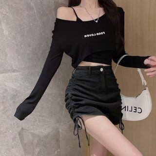 Denim Mini Pencil Skirt / Lettering T-shirt With Camisole Top