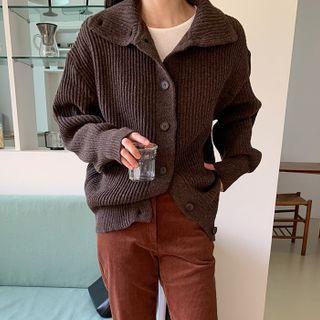 High-neck Woolen Rib-knit Cardigan