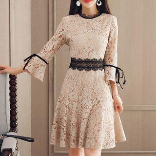 3/4-sleeve Perforated A-line Mini Dress