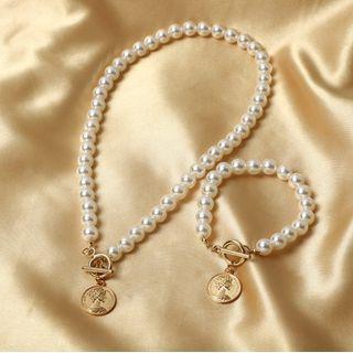 Faux Pearl Coin Charm Bracelet / Necklace