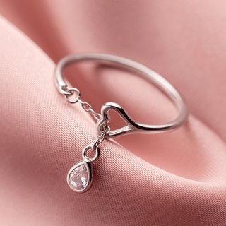 Rhinestone Heart Chain Open Ring Silver - One Size