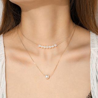 Faux Pearl Pendant Layered Choker Necklace C07108 - One Size