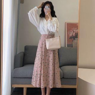 Set: Long-sleeve V-neck Blouse + Floral Print Midi A-line Skirt