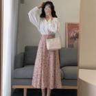 Set: Long-sleeve V-neck Blouse + Floral Print Midi A-line Skirt
