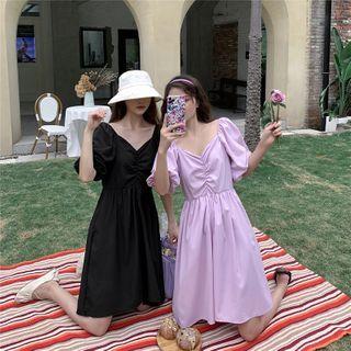 Puff Sleeve V-neck High-waist Dress