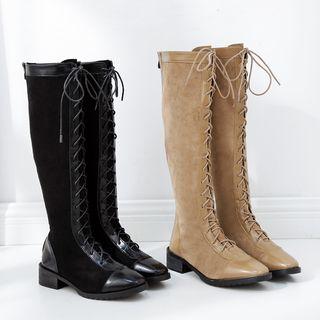 Patent Panel Lace-up Knee-high Boots