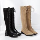 Patent Panel Lace-up Knee-high Boots
