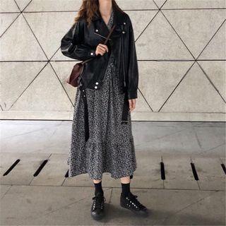 Faux Leather Zip Biker Jacket / Long-sleeve Floral Print Midi Dress