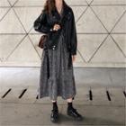 Faux Leather Zip Biker Jacket / Long-sleeve Floral Print Midi Dress