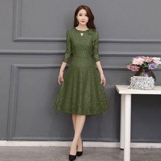 Long-sleeve Lace Tie-neck A-line Dress