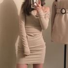 Plain Slim-fit Long-sleeve Dress Almond - One Size