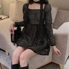 Rhinestone Square-neck Long-sleeve A-line Dress