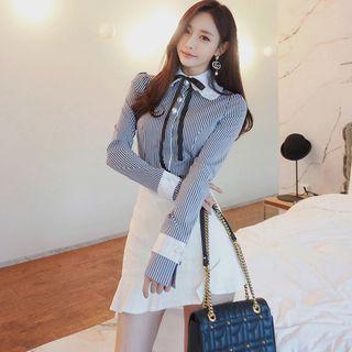 Set: Striped Long-sleeve Shirt + A-line Skirt