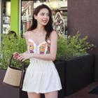 Spaghetti-strap Lace-up Front Embroidered Top