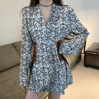 Floral V-neck Lace-up Mini A-line Dress