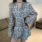 Floral V-neck Lace-up Mini A-line Dress