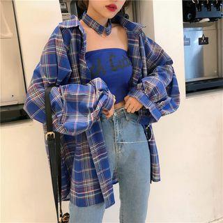 Set: Long-sleeve Plaid Shirt + Bandeau + Choker