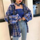 Set: Long-sleeve Plaid Shirt + Bandeau + Choker
