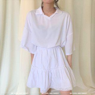 Elbow-sleeve Plain T-shirt / A-line Skirt