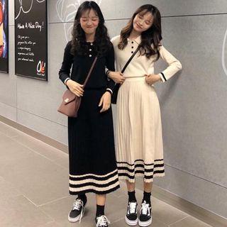Set: Striped V-neck Long-sleeve Knit Top + Pleated Skirt