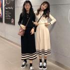 Set: Striped V-neck Long-sleeve Knit Top + Pleated Skirt