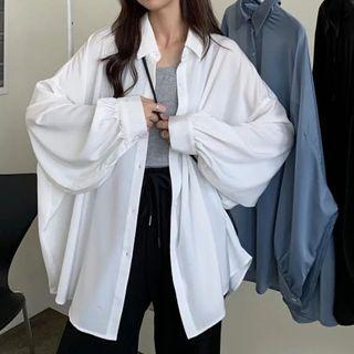 Long Lantern-sleeve Plain Oversized Shirt