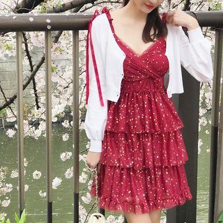 Spaghetti Strap Star Print Tiered Mini Dress