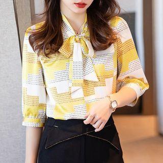 Elbow-sleeve Tie-neck Blouse / Wide Leg Dress Pants / Set