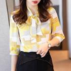 Elbow-sleeve Tie-neck Blouse / Wide Leg Dress Pants / Set