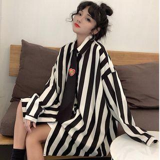 Striped Oversize Shirt / Heart Embroidered Tie / Crew-neck Short-sleeve T-shirt / Set