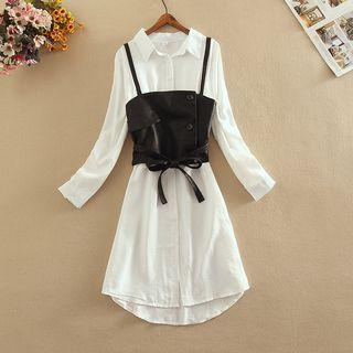 Set: Plain Shirt Dress + Lace-up Faux-leather Camisole Top