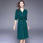 Elbow-sleeve V-neck Gather-waist Shirtdress