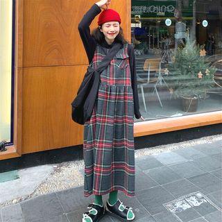 Plain Long-sleeve Loose-fit Top / Plaid Jumper Dress