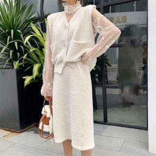 Lace See-through Long-sleeve Top / Plain Knit Vest / High-waist Skirt