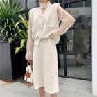 Lace See-through Long-sleeve Top / Plain Knit Vest / High-waist Skirt