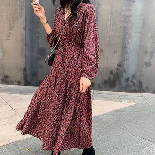 Puff Sleeve Floral Print Midi Chiffon Dress