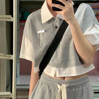 Mock Two-piece Short-sleeve Chained Crop Polo Shirt