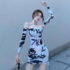 Printed Off-shoulder Mini Sheath Dress