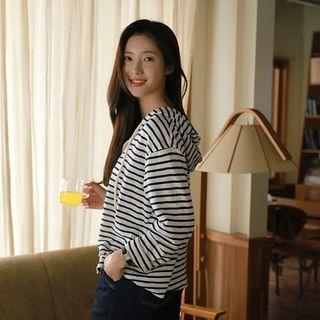 Hooded Linen Blend Stripe Cardigan