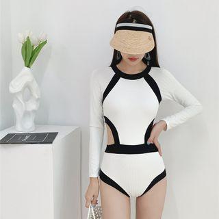 Long-sleeve Contrast Trim Cut Out Swimsuit
