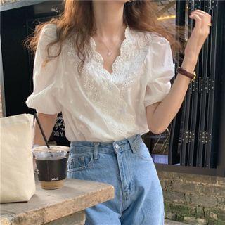 Puff Sleeve Crochet Lace Trim Blouse White - One Size
